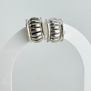 Vintage Napier Silver Plated Ribbed Hoop Earrings Minimalist Chic Retro Glam